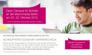 Der Open Campus der Hochschule Macromedia Berlin findet vom 20.-22. Oktober statt und kombiniert ein Schnupperstudium mit einem Blick in die Berufswelt.