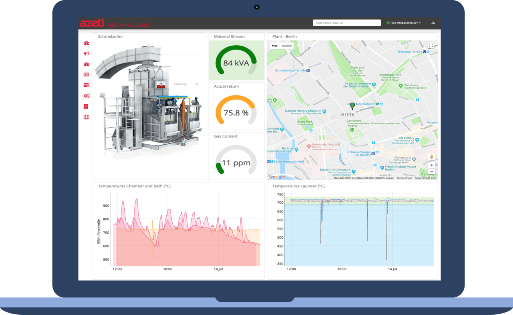 Ein blauer Laptop mit der graphische Abbildung von Machina Dashboard.